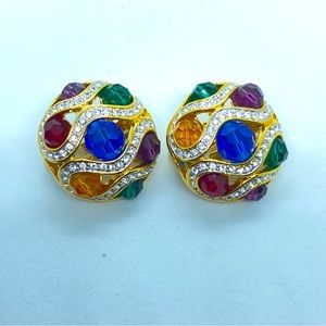 Vintage Rare Joan Rivers Faceted Multi Colored Rhinestone Clip Earrings